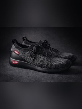 Levi's Men's Charcoal Black Knit Lace-Up Athletic Sneakers with Red Logo